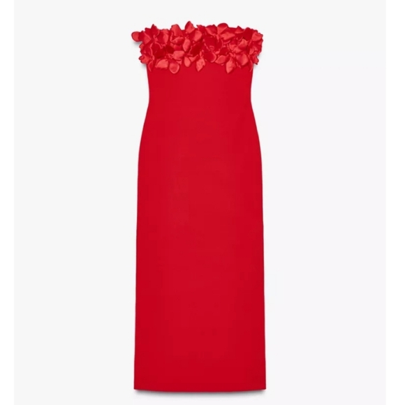 Zara  Floral Knit Elegant Red Strapless Dress Sz-L - Picture 7 of 10